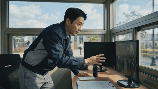 Security guard pointing at CCTV monitor in security room