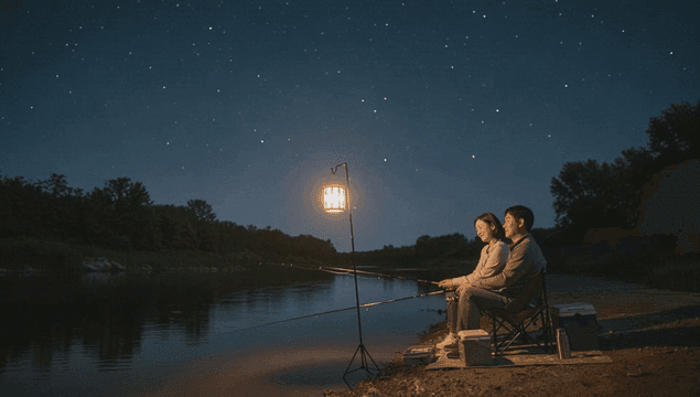 별빛 아래 강가에서 밤낚시하는 커플