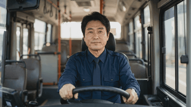 Smile of bus driver while driving