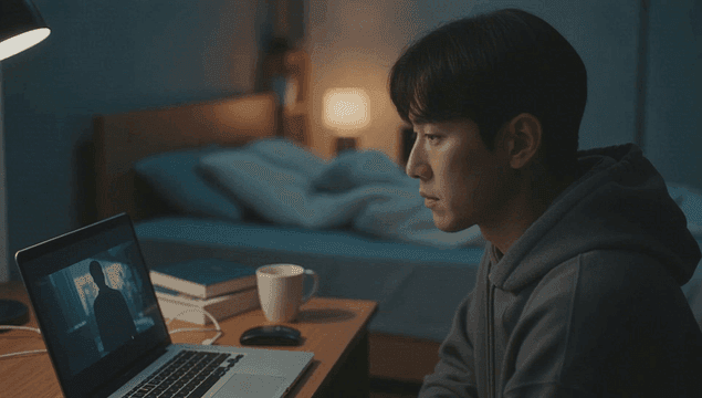 Side view of man watching video on his laptop at night