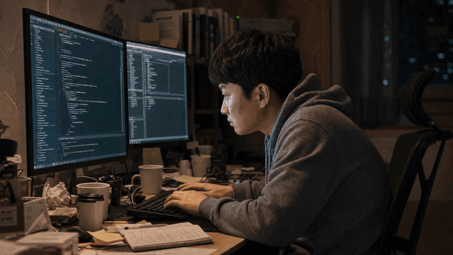 Hunched programmer working late at night