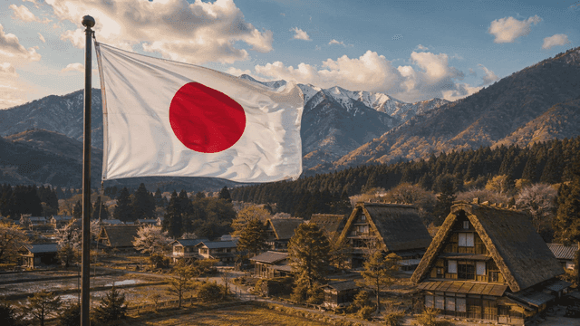 Japanese flag waving in a traditional village
