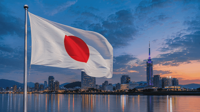 Japanese flag waving over city skyline