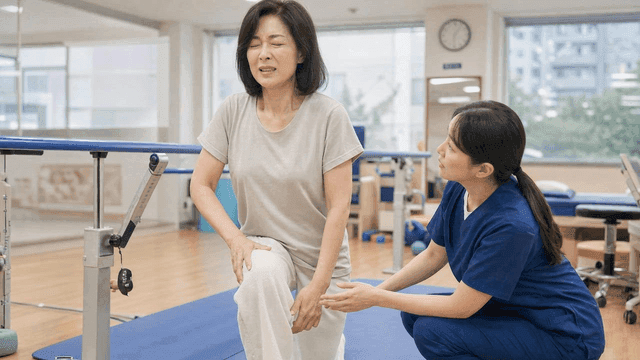 Middle-aged women receiving rehabilitation physical therapy at clinic