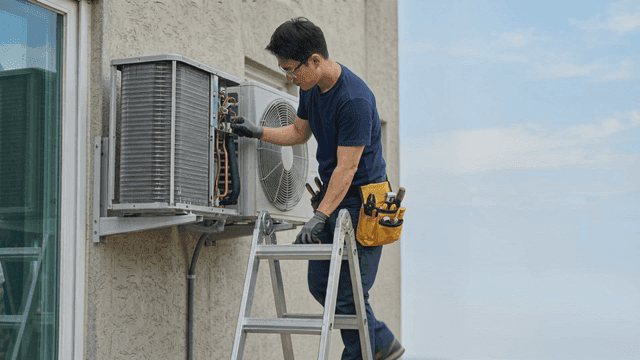 Technician installing air conditioner outdoor unit
