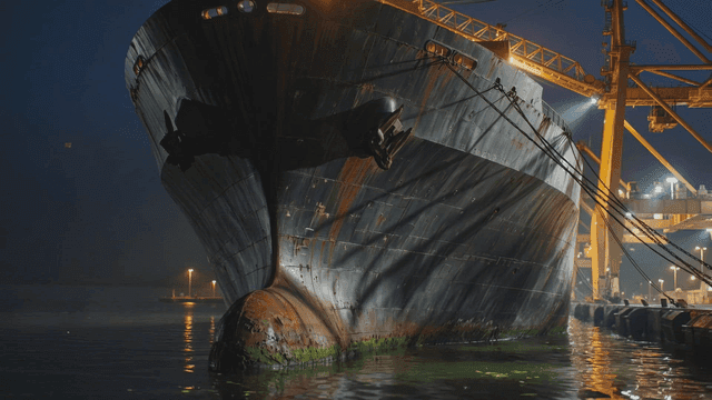 Large cargo ship docked at night