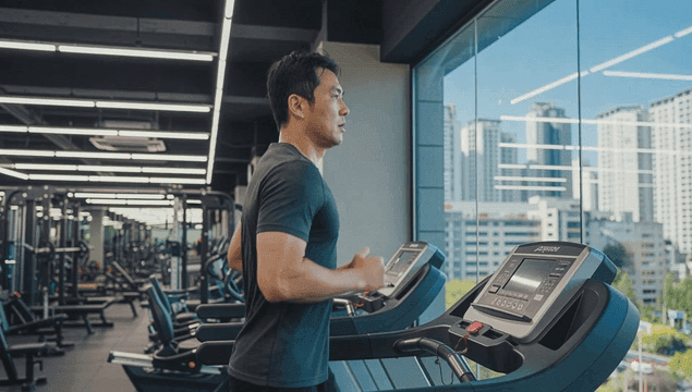 헬스장에서 러닝머신을 뛰는 남성