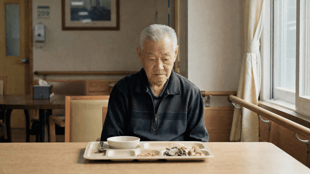 Elderly person sitting in front of meal tray