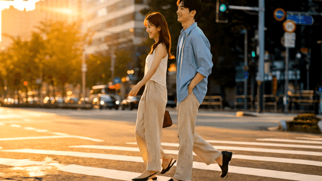 해질녘 도심 횡단보도를 건너는 커플