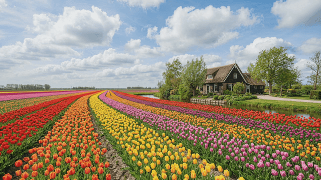 Colorful tulip fields with a farmhouse