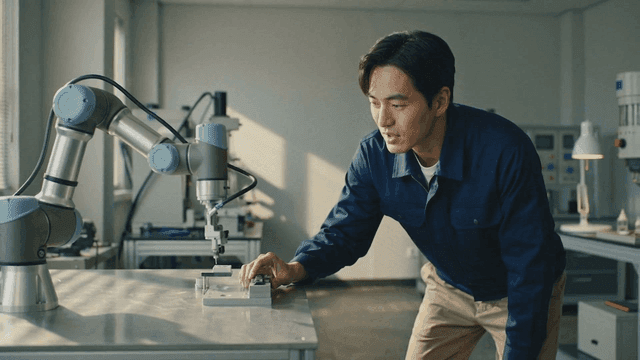 Engineer interacting with a robotic arm