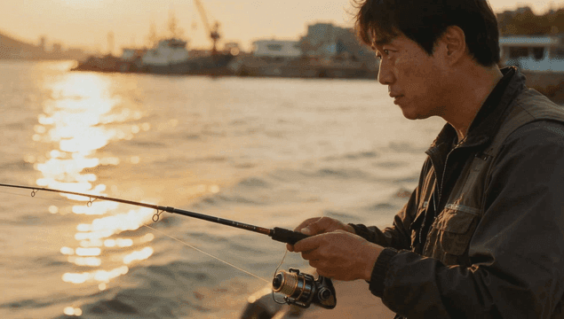Man fishing by the sea at sunset