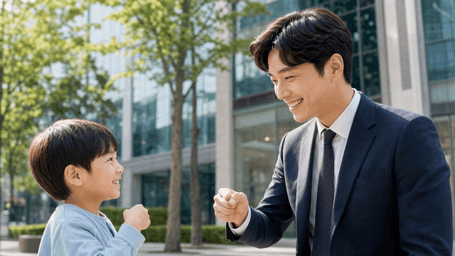 Man and child giving fist bump