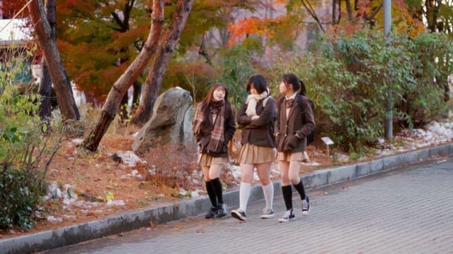 Students walking on the street in winter