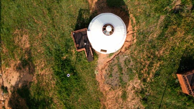 Circular yurts in a grassy field