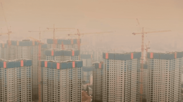 Apartment construction site with heavy yellow dust