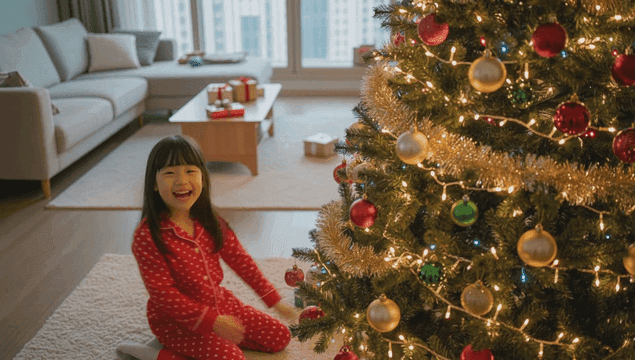 장식된 크리스마스 트리를 바라보는 여자아이