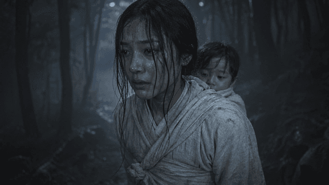 Woman in Hanbok carrying child on her back in dark forest