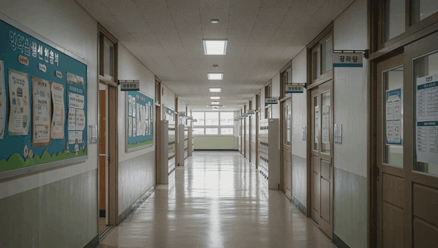Empty school hallway with classroom doors
