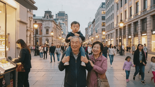 Grandfather and grandmother carrying their grandson on their shoulders while walking down lively city street