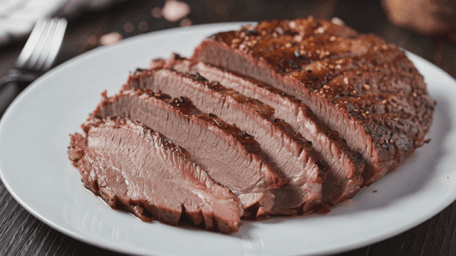 Grilled beef steak slices on white plate
