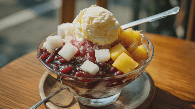 A bowl of colorful Korean shaved ice