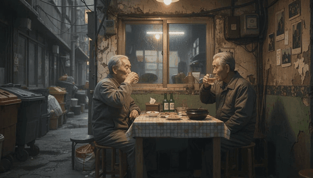 두 노인이 함께 소주를 즐기는 모습