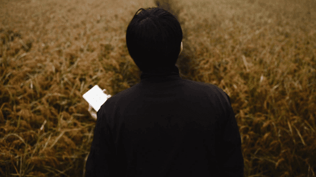 Back of person listening to music on audio player in field