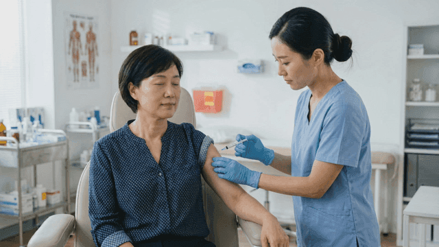 Nurse administering vaccine to patient