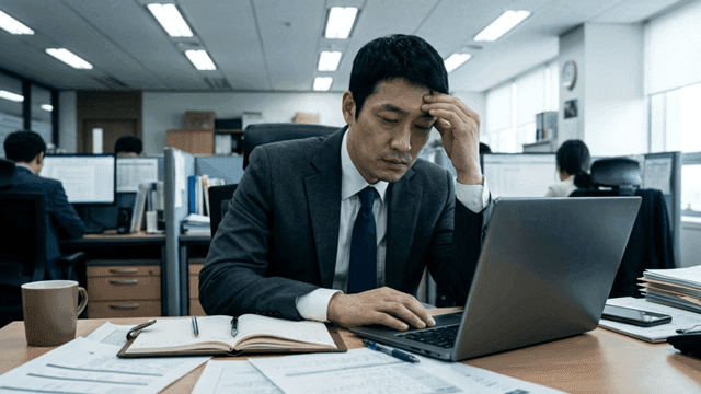사무실에서 노트북을 보며 스트레스를 받는 직장인