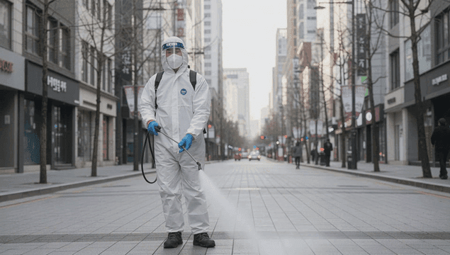 도시 거리에서 방역 소독을 하는 방진복입은 작업자