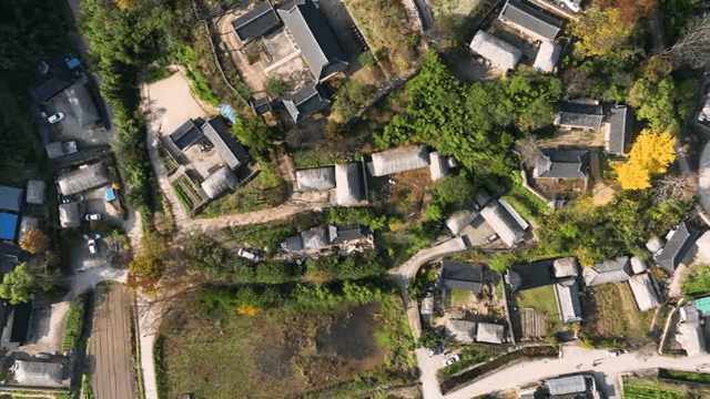 Traditional village surrounded by autumn trees