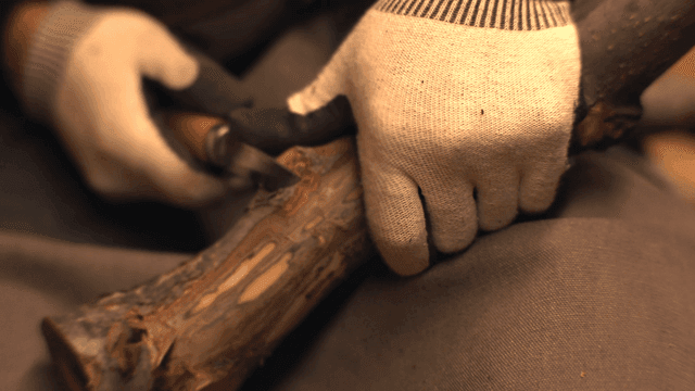 Person carving wood with a knife