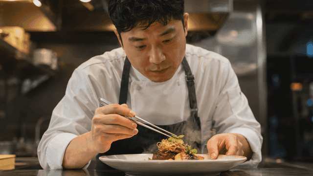 Chef plating food on plate