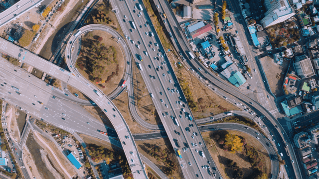 Aerial view of a busy highway interchange