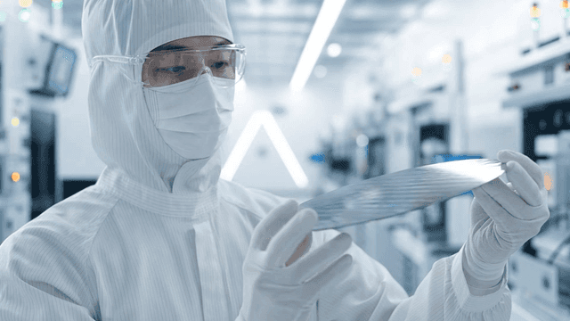 Factory technician inspecting semiconductor wafers