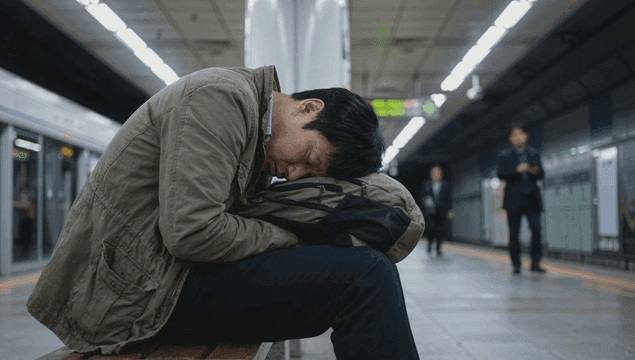 Man sleeping on subway station bench