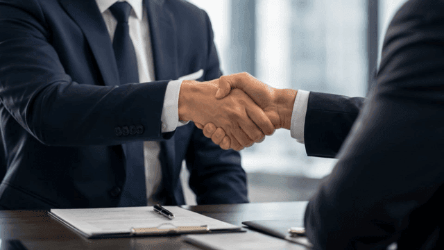 Businessmen shaking hands in an office