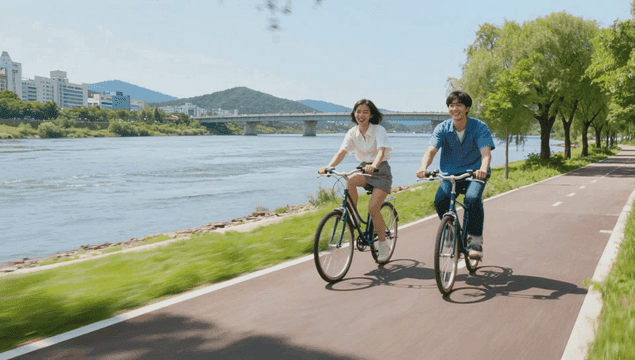 Happy couple cycling along a wide riverside path