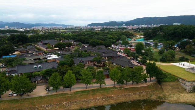 Traditional Korean village with lush greenery