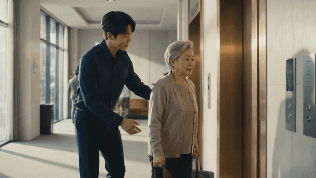 A young man assisting an elderly woman at an elevator