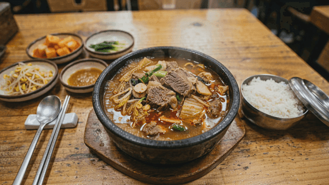 Hot beef hangover soup served with side dishes