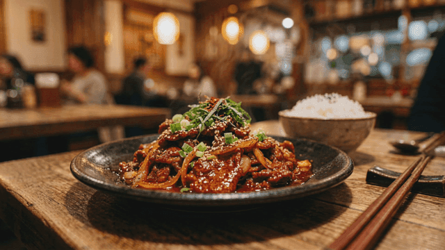 Spicy stir-fried pork on cozy restaurant table