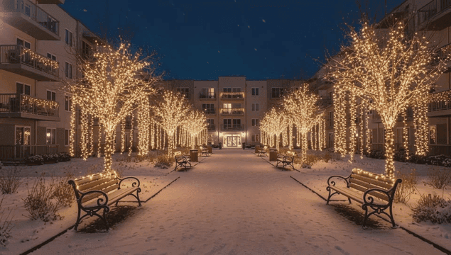 크리스마스 조명이 있는 눈 덮인 뜰