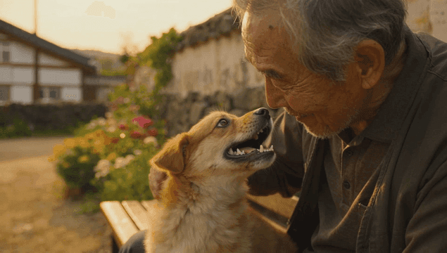 화단 옆 벤치에서 강아지를 쓰다듬는 남성 노인
