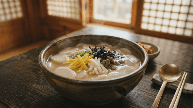 Steaming bowl of tteokguk on table