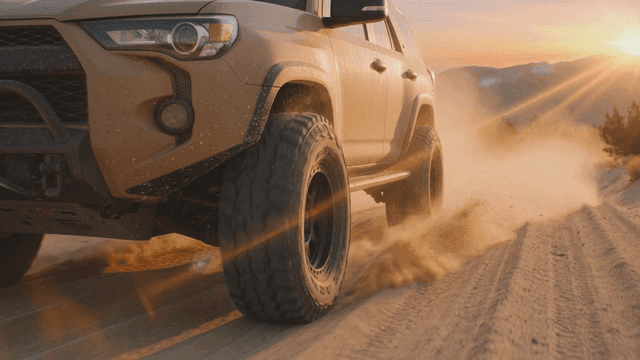 Dusty desert road where SUV is driving