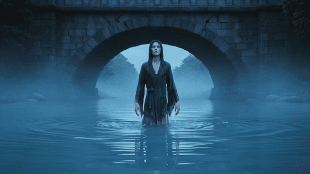 Water ghost standing in foggy river beneath stone bridge