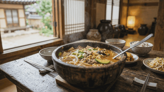 Soybean paste stew on wooden table