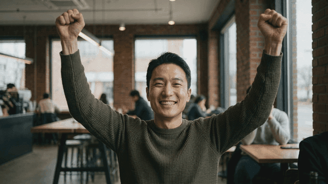 Man happily celebrating at cafe